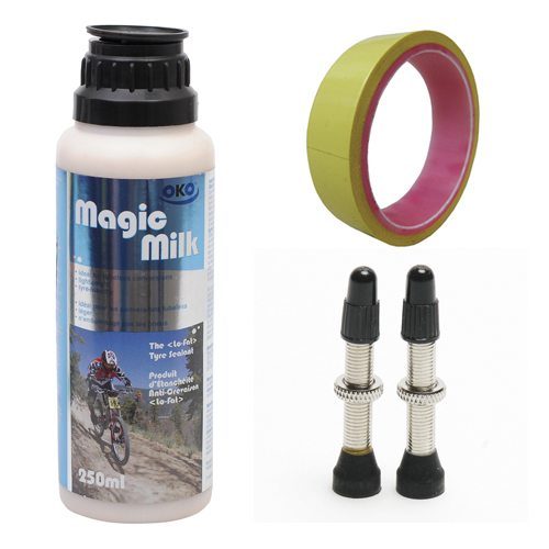 Tubeless tyre kit with tape, valves + sealant
