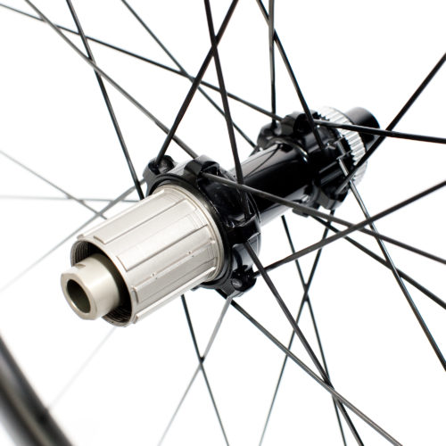 A close up of the Strada 38mm Cyclocross carbon tubular centre lock disc hub drive side
