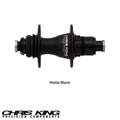 A rear Chris King R45D Center Lock bicycle hub in matte black