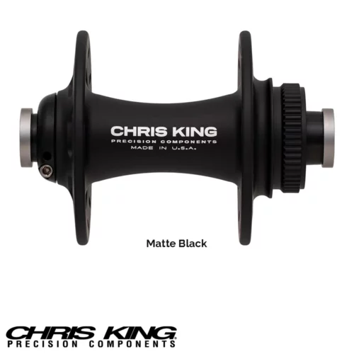 A Front Chris King R45D Center Lock bicycle hub in matte black