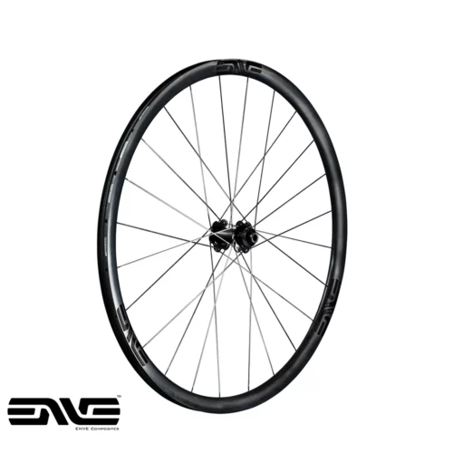 A side view of an upright ENVE 2.3 Bicycle wheel