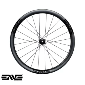 The side view of a Front ENVE 3.4 carbon Road Bicycle wheel with black decals