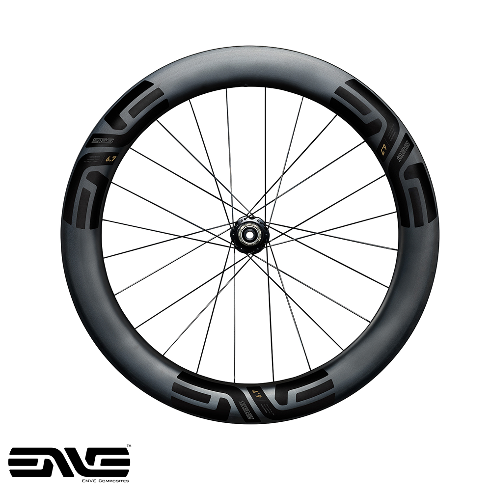 The side profile view of a Rear ENVE 6.7 Bicycle wheel