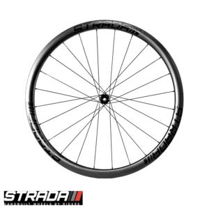 A Strada Carbon 35 Ultra Performance Aero Disc front bicycle wheel in Black with black spokes and hubs.