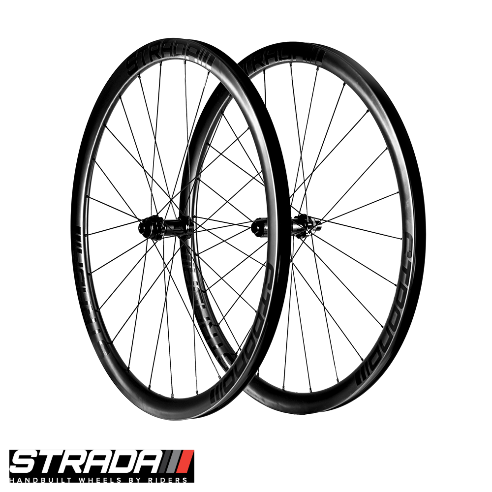 A pair of Strada Carbon 35 Ultra Performance Aero Disc bicycle wheels in Black with black spokes and hubs.