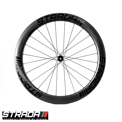 A Strada Carbon 55 Ultra Performance Aero Disc front bicycle wheel in Black with black spokes and hubs.