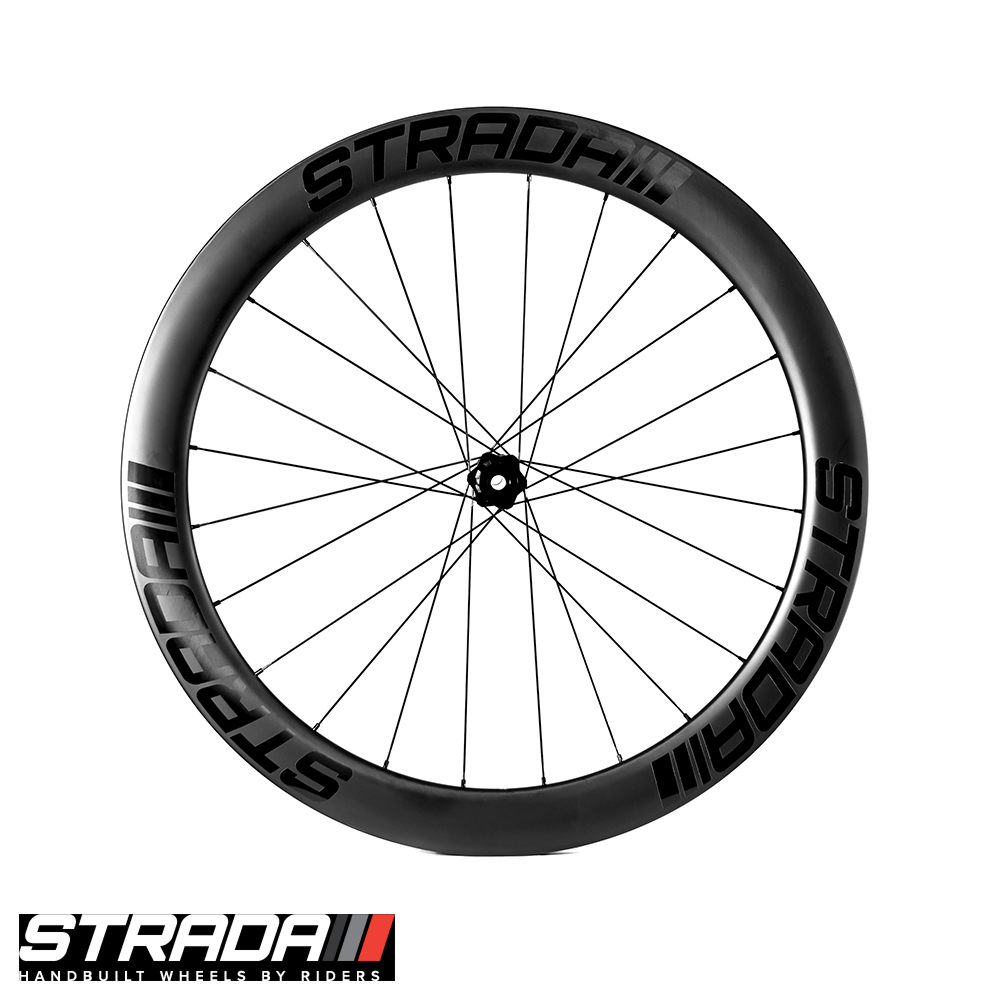 A Strada PAD Carbon 55 Ultra Performance Aero Disc rear bicycle wheel in Black with black spokes and hubs.