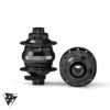 A picture showing a pair Shutter Precision thru axle dynamo front bicycle hubs in black