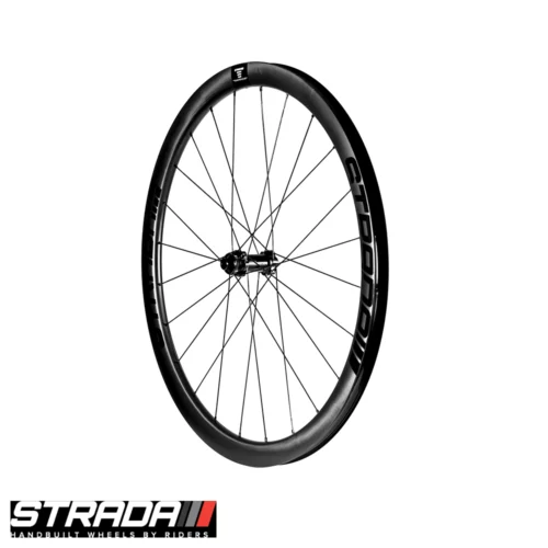 The Strada Gravel Ultra Plus 700c front bicycle wheel in black.