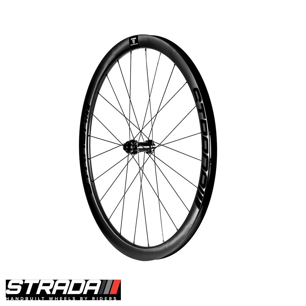 The Strada Gravel Ultra Plus 700c front bicycle wheel in black.