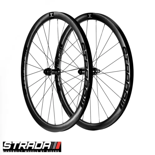 An Image showing a pair of the new Strada Gravel Ultra Plus 700c bicycle wheels in black.