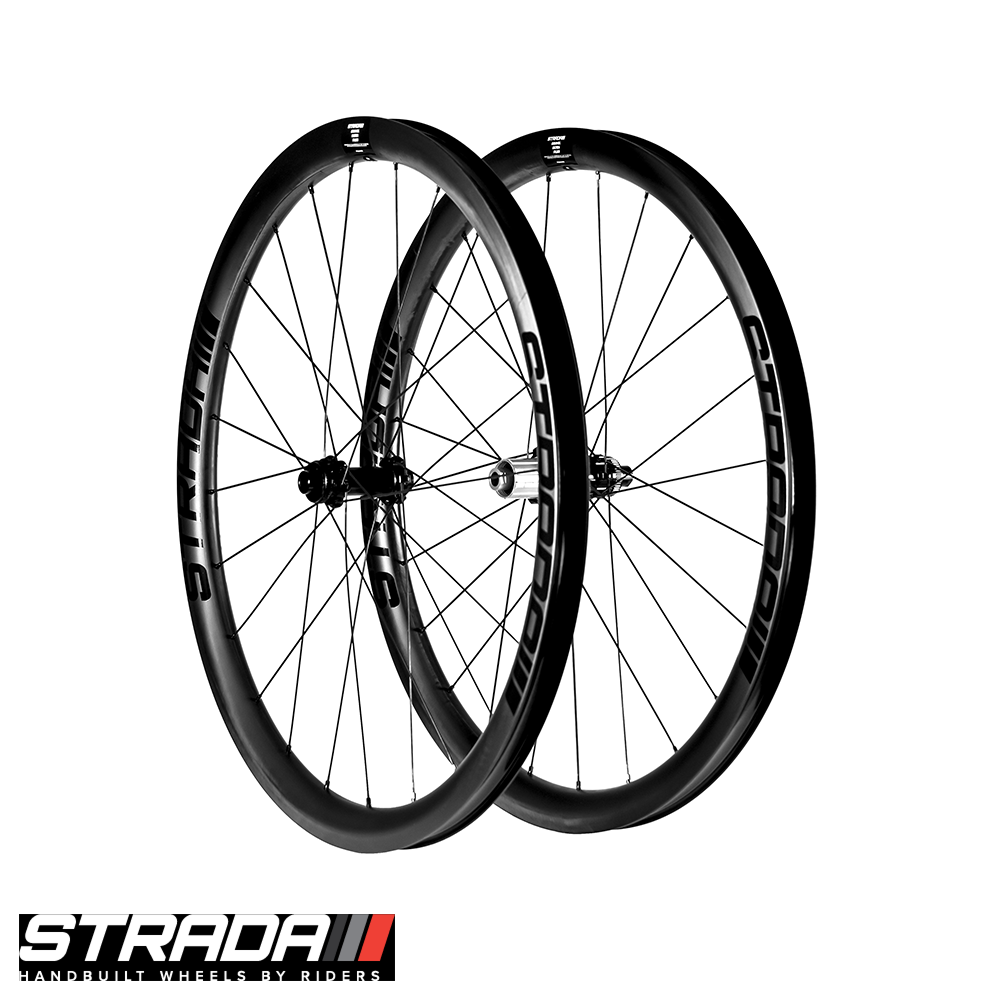 An Image showing a pair of the new Strada Gravel Ultra Plus 650b bicycle wheels in black.