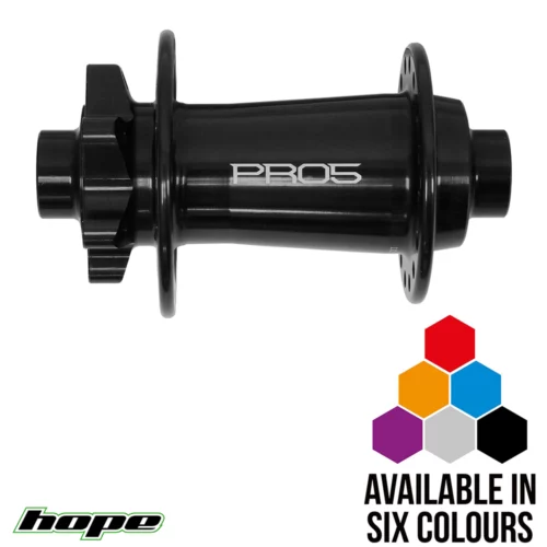 a front Hope Pro 5 mountain bike hub in black.