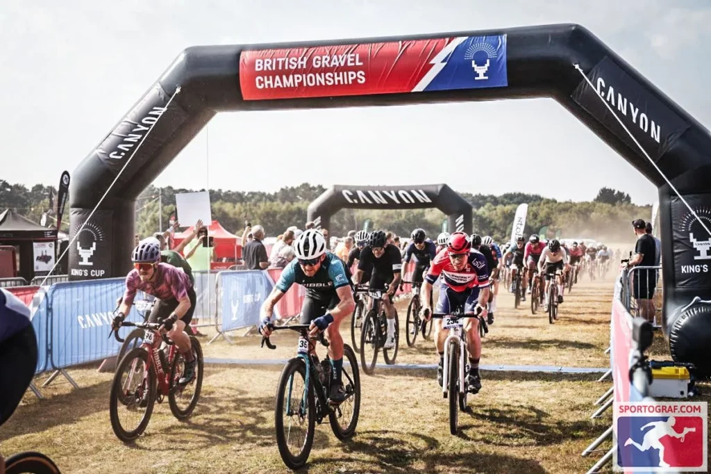 Ben Thomas crossing the start finish line to contine his next lap at the UK National Gravel Champs.