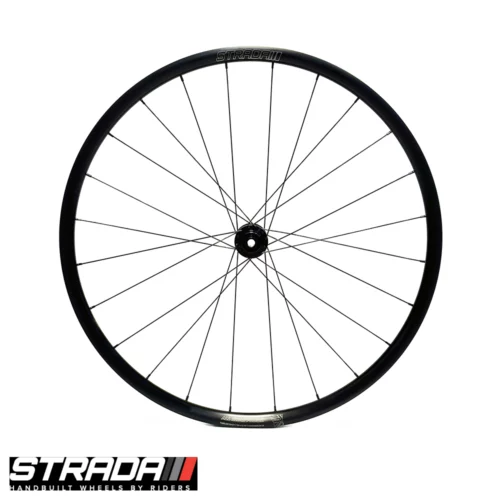 A picture showing a a front Strada All Road Plus Disc 700c bicycle wheel in black.