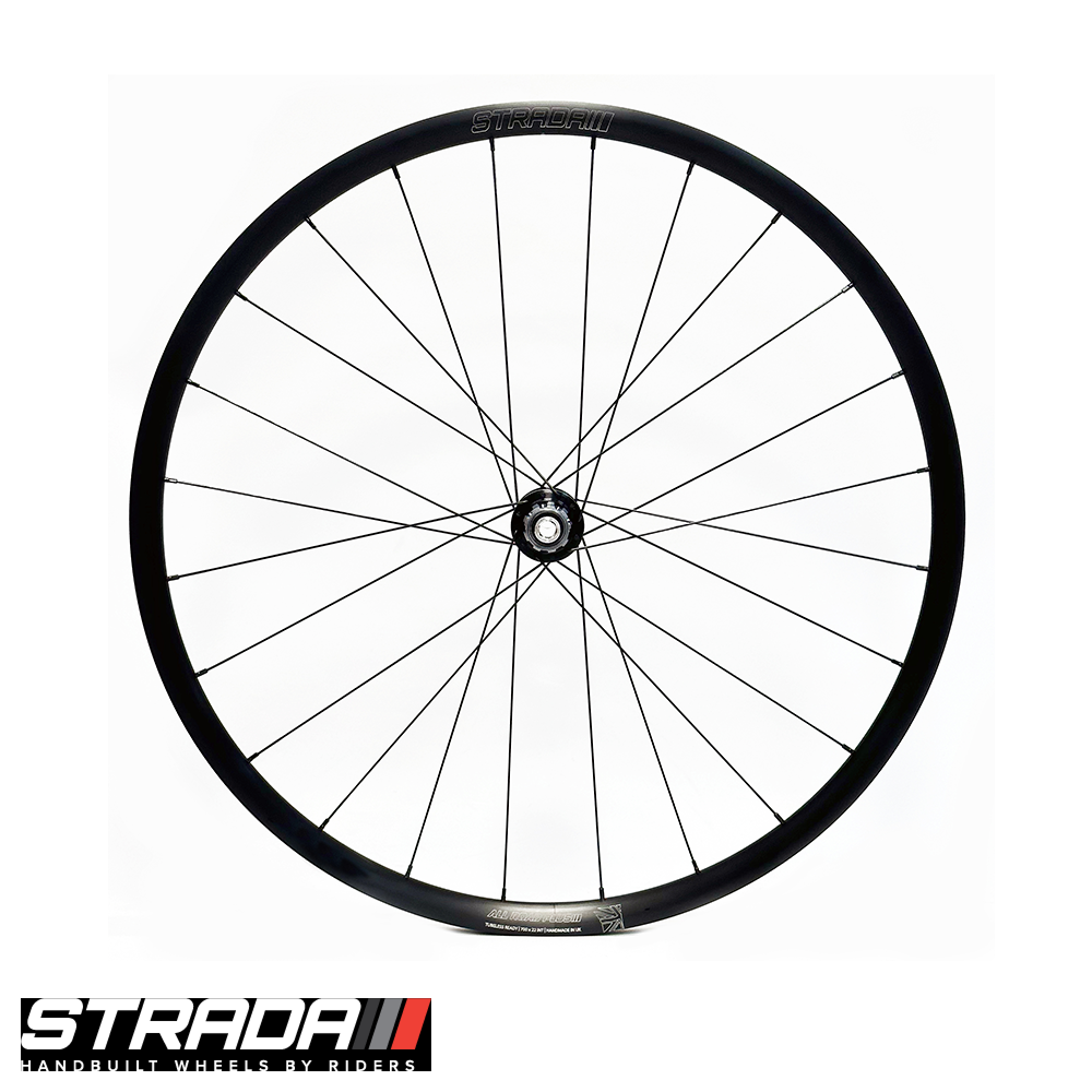 A picture showing a a rear Strada All Road Plus Disc 700c bicycle wheel in black.