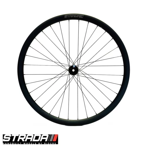 A picture showing a Strada Big Fella Standard Disc front bicycle wheel in black with the Strada logo at the top