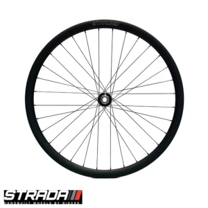 A picture showing a Strada Big Fella Standard Disc rear bicycle wheel in black with the Strada logo at the top