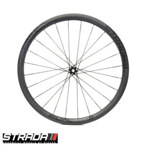 A picture showing a Strada PAD 35 Ultra front carbon bicycle wheel whith black Berd Polylighht spokes and a black Extralite Cyber SPD3+