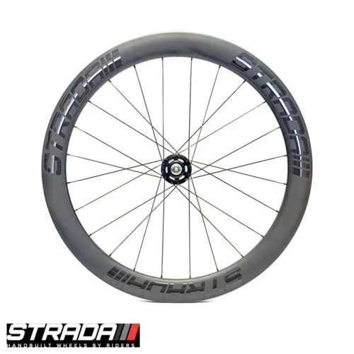 An Image showingh a side on view of a Strada PAD 55 Track Ultra Front bicycle wheel in raw carbon finish with black strada Logo