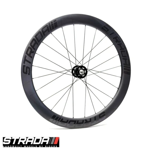 An Image showingh a side on view of a Strada PAD 55 Track Ultra Front bicycle wheel in raw carbon finish with black strada Logo