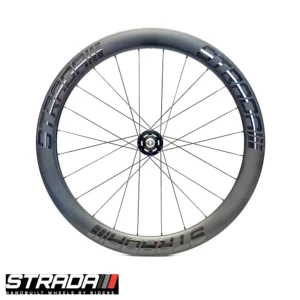An Image showingh a Strada PAD 55 Track Ultra Rear wheel in raw carbon finish with black strada Logo