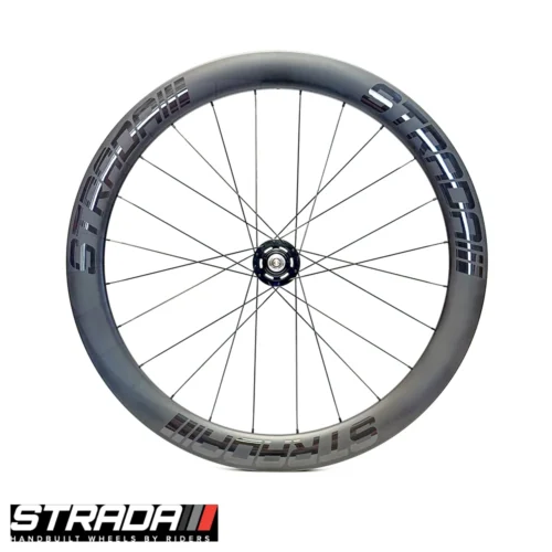 An Image showingh a Strada PAD 55 Track Ultra Rear wheel in raw carbon finish with black strada Logo