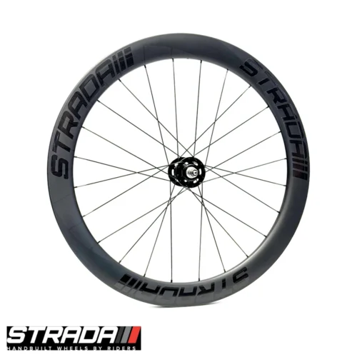 An Image showingh a side on view of a Strada PAD 55 Track Ultra Rear bicycle wheel in raw carbon finish with black strada Logo